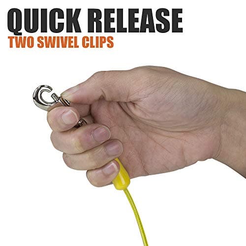 BV Dog Tie Out Cable 25 Feet - Heavy Duty Dog Lead Up to 35 Pounds - Reflective & Rust-Free with Quick Release Swivel Clips & 360° Rotating Clasp - Tangle-Free Dogs Runner for Yard (Yellow, Single)
