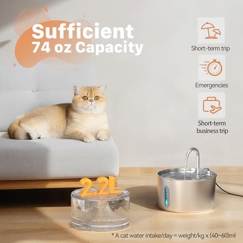 Cat Water Fountain Stainless Steel: 2.2 L Cat Fountain for Drinking - Automatic Pet Water Fountain for Cats Inside - Metal Cat Dog Water Dispenser Bowl with Faucet Water Level Window Ultra Quiet Pump
