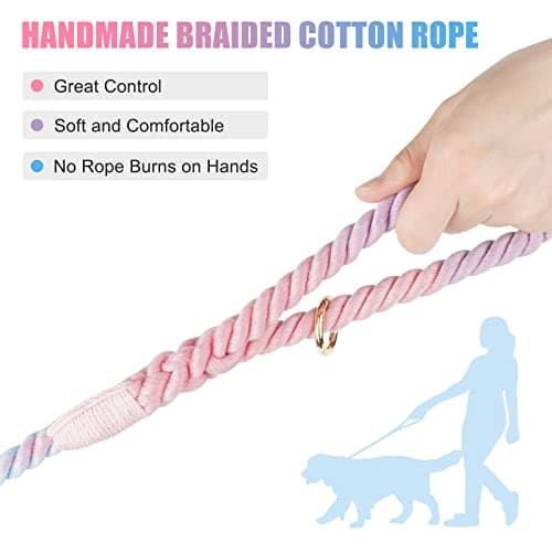 NUGUTIC Dog Leash 5 FT Handmade Braided Cotton Rope Leashes for Small Medium and Large Dogs, New Golden Heavy Duty Metal Clasp, Colorful Macaron