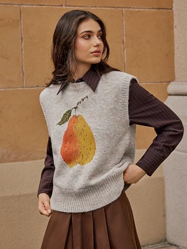 CIDER Women’s Sweater Vest Knit Sleeveless Pear Cute Graphic Sweater Vest Tank Top Fall Outfits Khaki