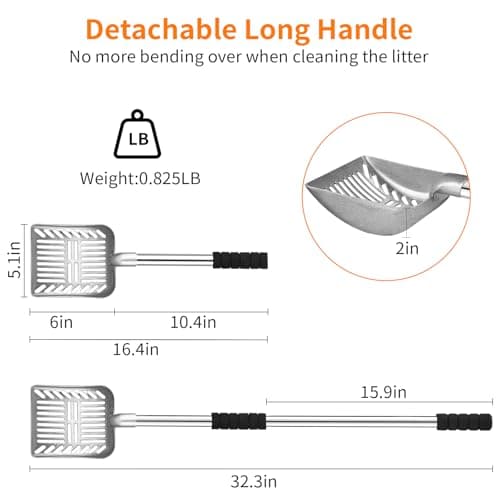 Yangbaga Metal Cat Litter Scoop:Detachable Long Handle Litter Scooper with Deep Shovel,Pooper Scooper Heavy Duty for Litter Box,Stainless Steel Non-Stick Sifter with Foam Padded Grip,No Bending Back