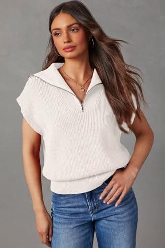Dokotoo Sweaters for Women Trendy Resort Wear for Women 2026 Sleeveless Quarter Zip Pullover Knit Top Business Casual Tops for Women Cute Tops for Women White Small