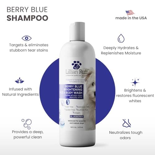 Lillian Ruff PRO Formula Berry Blue Brightening Pet Shampoo - Ultra-Hydrating Professional Whitening Dog Shampoo, Vivid Show-Quality Coat Enhancer, Tear Stain & Odor Eliminator With ProVitamin B5 16oz