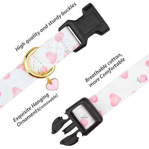 Cotton Handmade Dog Collar Cute and Distinctive Patterns White and Pink Love Heart with Pendant for Girl Boy Dogs Collars S