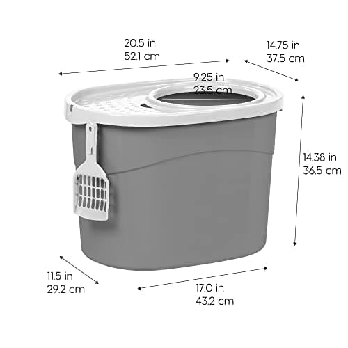 IRIS USA Cat Litter Box Large Top Entry with Lid Enclosed Covered Hooded Design Litter Catching Scatter Shield Pan Dog Proof Pet Proof Scoop Included Odor Control for Indoor Cats Kittens Gray/White