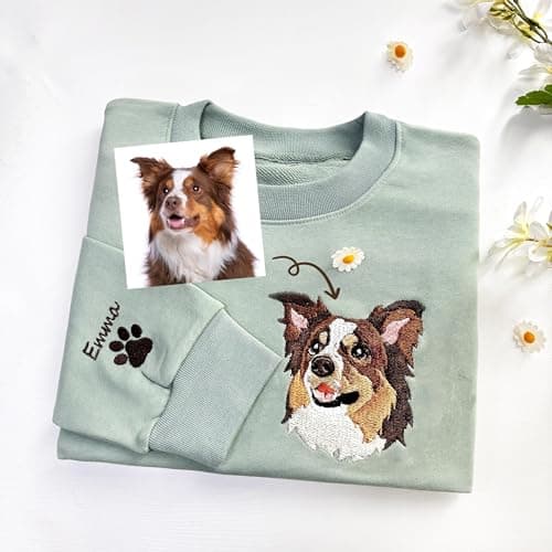 Custom Portrait Dog Embroidered Sweatshirt with Name on Sleeve, Personalized Women Shirt for Mom Dad, Embroidery Sweatshirt, Customized Gifts Christmas, Birthday Gift Multicolor