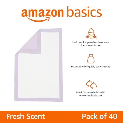 Amazon Basics Cat Litter Pee Pads, Odor Control with Fresh Scent, Super Absorbent, Disposable, Universal Fit Litter Box, Purple and White, 40 Count