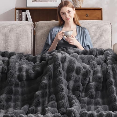 Anysay Heated Blanket Throw with 1/2/4/6/8 Hours Auto-Off 10 Heat Level, 50'' * 60'' Cozy Faux Rabbit Fur Bubble Electric Blanket with Overheat Protection(Dark Grey)