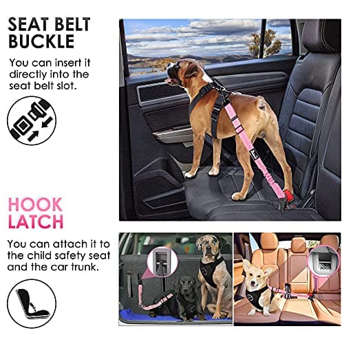 SlowTon Dog Seat Belt for Car, Adjustable 3 in 1 Dog Seatbelt with Elastic Bungee Buffer, Nylon Heavy Duty Dog Car Harness Reflective Safety Tether Leash with Latch Hook Clip Pink