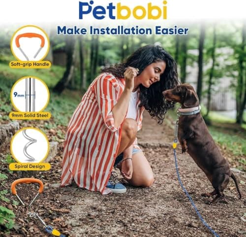 Petbobi Dog Tie-Out Cable and Stake - 20ft Heavy Duty Cable with Spring, No Tangle, 16in Ground Stake, Ideal for Yard, Camping and Beach, Suitable for Small Medium Large Dogs Up to 120 lbs, Blue