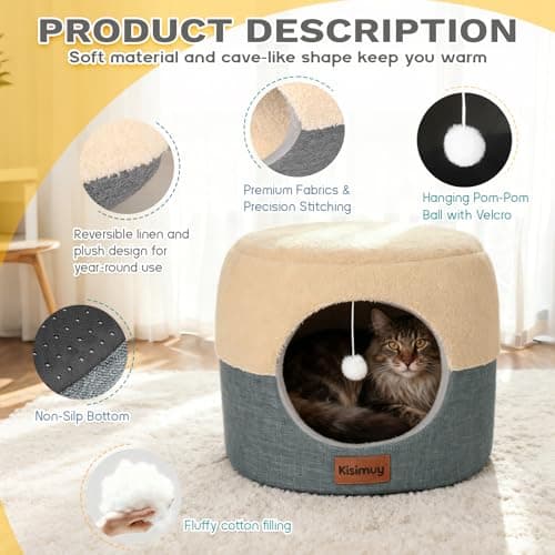 KISIMUY 2-in-1 Cat Cave Bed & Lounger with Reversible Plush Cushion, Cat Bed for Indoor Cats, Foldable Anti-Slip Cat House - Calming Cozy Hideaway for Kitten &Small Cats with Anxiety Relief, 15.7in