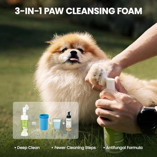 PawSono Paw Cleaner for Dogs & Cats, No-Rinse Foaming Pet Foot Washer with Built-in Scrubber Brush for Dirty, Muddy Paws – Suitable for Small, Medium & Large Dogs, Puppies, Kittens (5 fl oz)