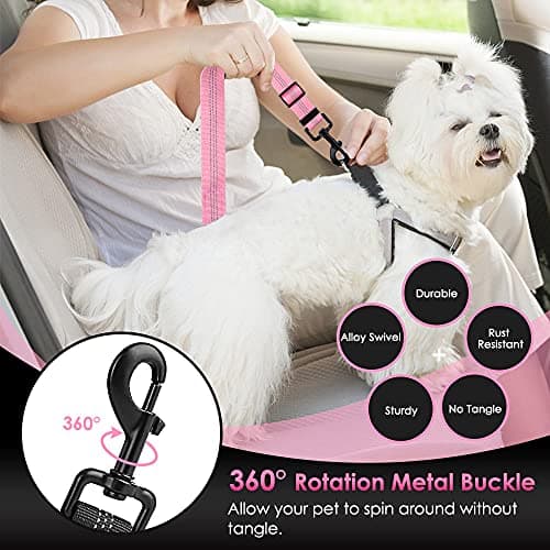 SlowTon Dog Seat Belt for Car, Adjustable 3 in 1 Dog Seatbelt with Elastic Bungee Buffer, Nylon Heavy Duty Dog Car Harness Reflective Safety Tether Leash with Latch Hook Clip Pink