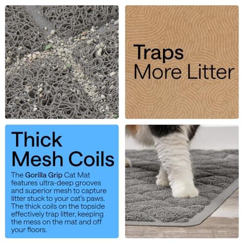 GORILLA GRIP Cat Litter Box Mat, Cushioned Coil Mesh Litter Trapping Mats, Scatter Control Supplies for Less Mess, Phthalate Free, Ultra Deep Catch Grooves, Rinse or Vacuum to Clean, 24x17 Gray
