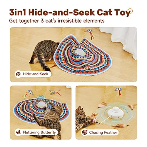Potaroma Cat Toys Chargeable, 3in1 Hide and Seek, Automatic Interactive Fun, Fluttering Butterfly, Moving Feather, Kitten Wand, Indoor Kitty Exercise Kicker 22.8 Inch Cover for All Breeds