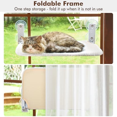 AMOSIJOY Cordless Cat Window Perch, Cat Hammock for Wall with 4 Strong Suction Cups, Solid Metal Frame and Reversible Cover, Foldable Cat Beds for Indoor Cats (Medium-White)