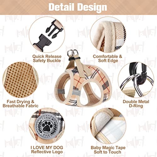 BEAUTYZOO Small Dog Harness and Leash Set,Step in No Choke No Pull Soft Mesh Dog Harnesses Reflective for Extra Small Medium Puppy Dogs and Cats, Plaid Dog Vest Harness for XS S Pets, Beige S