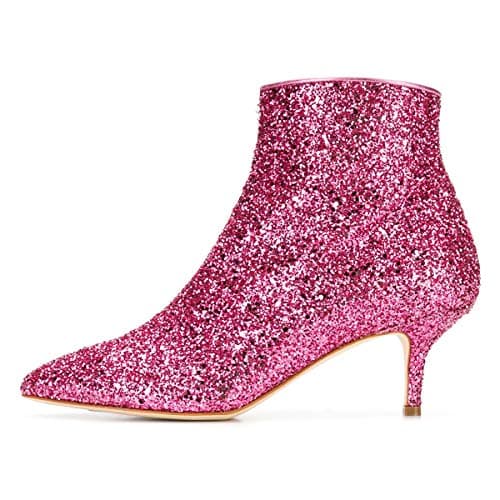 XYD Women Chic Low Kitten Heel Ankle Boots Pointed Closed Toe Side Zipper Prom Glitter Party Fashion Short Bootie Shoes Size 8.5 Hot Pink