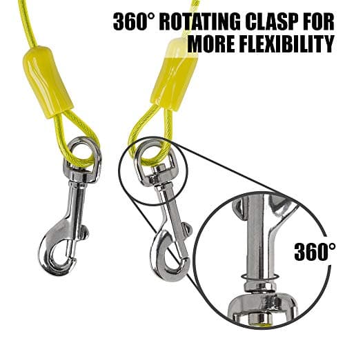 BV Dog Tie Out Cable 25 Feet - Heavy Duty Dog Lead Up to 35 Pounds - Reflective & Rust-Free with Quick Release Swivel Clips & 360° Rotating Clasp - Tangle-Free Dogs Runner for Yard (Yellow, Single)