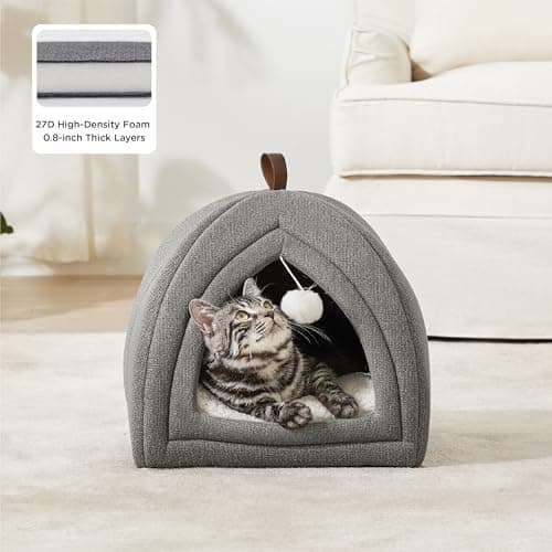 Bedsure Cat Beds for Indoor Cats - 2 in 1 Cat Cave House Tent for Kittens and Small Pets with Removable Washable Cushioned Pillow, Foldable Kitten Hideaway with Non-Slip Bottom, Grey, 16 inches
