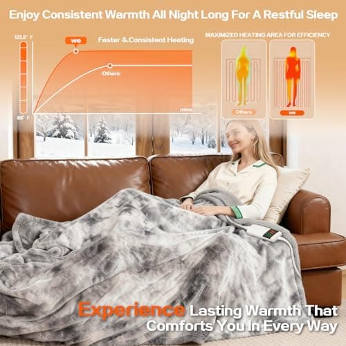 Cushious Electric Heated Blanket Throw 50''x60''Size Faux Fur Heating Blanket 10 Heating Settings, 1-8h Timer & Overheat Protection, Machine Washable, Soft Flannel and Sherpa Full Body Warmth