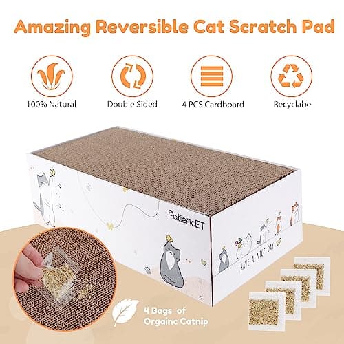 PatiencET Cat Scratch Pad with Box, 4 Pack Cardboard Cat Scratcher Lounge Bed for Indoor Cats, Reversible Corrugated Scratching Board Refill with Catnip