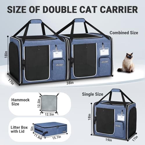 Petskd 2 in 1 Double Cat Car Travel Carrier with Litter Box, 38"x17"x18" Portable Dual Extra Large Cat Carrier for Multiple Cats with Zipper Locks for Moving Across The Country