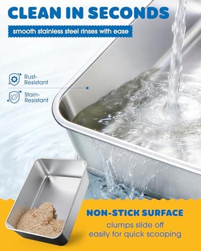 Powools Stainless Steel Cat Litter Box, Metal Litter Box with Scoop, High- Sided, Anti-Leakage Top Entry, Non-Sticky, Easy to Clean, Grey, M (1 Pack)