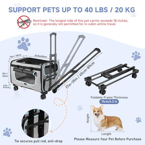 Wheelive Pet Carrier with Wheels for Cats and Dogs, Pet Bag with Detachable Wheels & Washable Plush Pad, Escape-Proof Zipper & Shoulder Strap, Portable Carrier for Outdoor and Car Travel(Max. 40 lbs)
