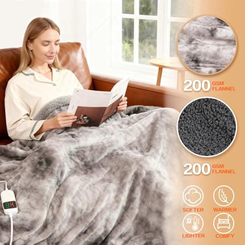 Cushious Electric Heated Blanket Throw 50''x60''Size Faux Fur Heating Blanket 10 Heating Settings, 1-8h Timer & Overheat Protection, Machine Washable, Soft Flannel and Sherpa Full Body Warmth