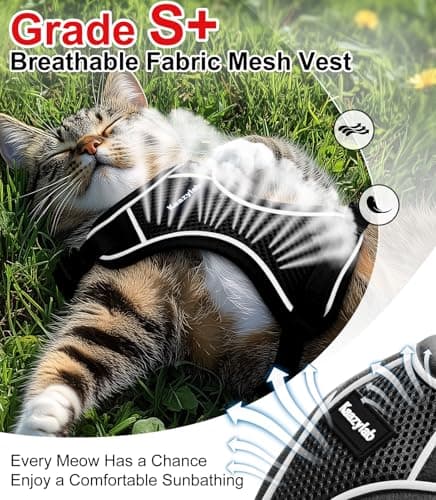 Cat Harness and Leash for Walking Escape Proof Soft Adjustable Cat Leash Breathable Comfortable Vest Easy to Wear Kitten Harness for Outdoor Travel (Black, S (7-12lb))
