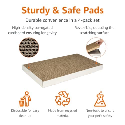 Amazon Basics Corrugated Cardboard Cat Scratcher, Scratching Board, Reversible, 17.4" x 10", White, 4-Pack