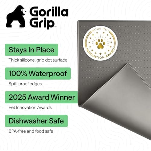GORILLA GRIP 100% Waterproof Raised Edge BPA Free Silicone Pet Feeding Mat, Dog Cat Food Mats Contain Spills Protects Floors, Placemats for Cats and Dogs Water Bowl, 18.5x11.5, Gray