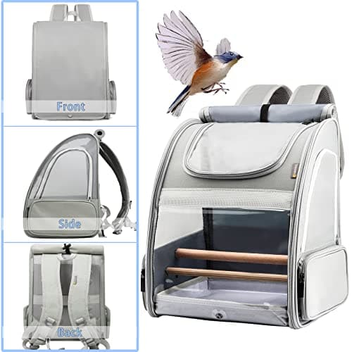 Texsens Bird Carrier Backpack - Pet Travel Cage with Upgraded Tray and Standing Perches, Breathable & Portable, for Small Birds, Green Cheek, Cockatiel, Parrot (Grey)