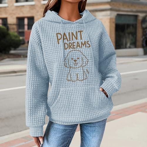 Medlor Womens Cute Cat Graphic Waffle Knit Hoodie Pullover Sweatshirt Long Sleeve Oversized Casual Top with Pocket Soft Cotton Blend Relaxed Fit
