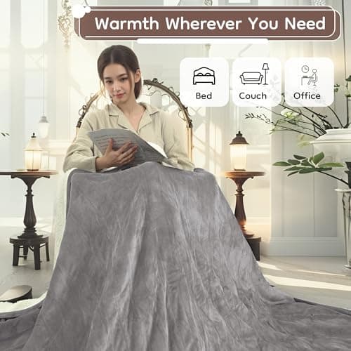 LaffyLo Electric Heated Blanket Full Size 72 x 84, Fast Heating Blanket, Dual-Sided Flannel Sherpa, 10 Heat Settings, 1-12 Hour Auto Off, Machine Washable, Light Grey