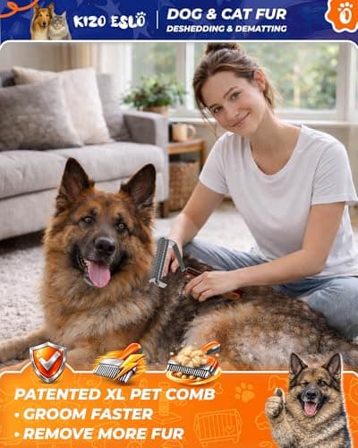 Extra Large 2-Sided Undercoat Rake for Dogs & Cats, Dog Brush for Shedding Remove Mats, Dematting Comb, Safe & Gentle Grooming Brush for German Shepherds Medium to Long-Haired Pets (Walnut Handle)