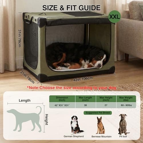 Veraste 42" L x 31" W x 31" H Collapsible Travel Dog Crate, Quick-Setup Portable Soft Dog Kennel for Large Dogs up to 90 lbs, 4-Door Foldable Travel Crate with Storage Bag, Green