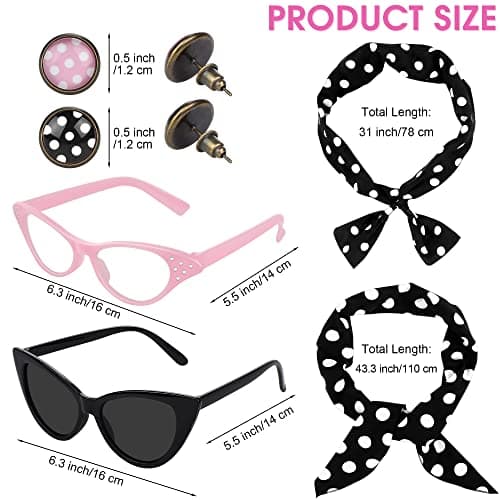 SOMSOC 1950s Pink Satin Jacket with Neck Scarf Headband Earrings Cat Eye Glasses Halloween Cosplay Costume Set for Women Girl