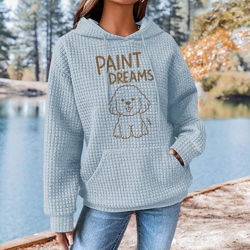 Medlor Womens Cute Cat Graphic Waffle Knit Hoodie Pullover Sweatshirt Long Sleeve Oversized Casual Top with Pocket Soft Cotton Blend Relaxed Fit