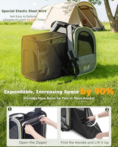 Pecute Cat Backpack Carrier Expandable , Foldable Pet Backpack for Cats & Small Dogs Up to 11lbs, with 4-Side Breathable Mesh, Multi-Entry & Lockable Zippers for Travel, Hiking, Camping - Hands Free,