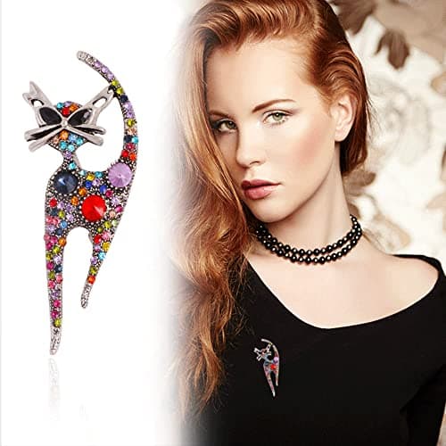 Vintage Rhinestone Cat Brooch Pin for Women Girls Silver Plated Fashion Cute Colorful Crystals Animal Kitten Brooches Lapel Pins Dress Accessories Holiday Birthday Party Unisex Jewelry Souvenir (Colorful)