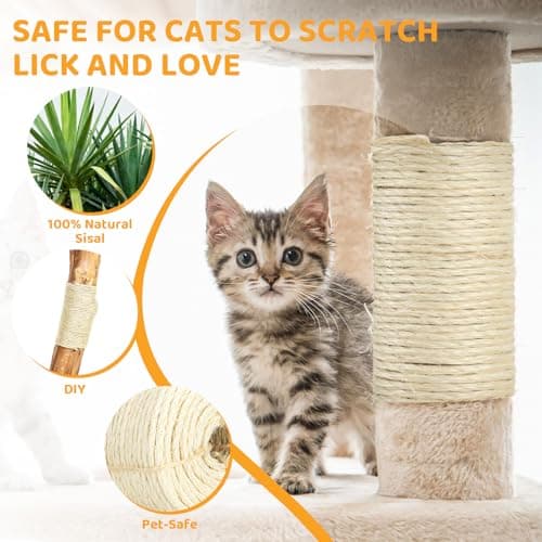 Natural Sisal Rope for Cat Scratcher Tree Thick 5-mm 1/5 Inch by 50 Feet, Cat Tower Climbing Twine for Cat Scratching Post Replacement, Scratch Post Repairing, Replace, Recovering and DIY, White