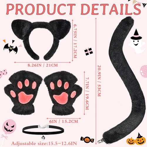 Gofriipai Black Cat Costumes, Cat Ears Headband Tail Paws Gloves Collar Set, Costumes for Women, Halloween Costume Accessories for Adults Girls