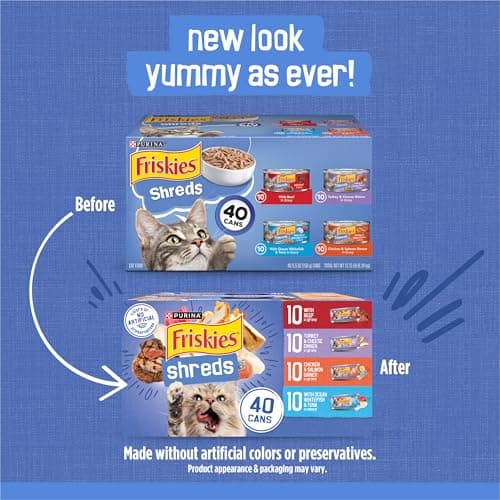 Purina Friskies Wet Cat Food Variety Pack, Shreds With Beef, Turkey and Cheese Dinner, Chicken and Salmon Dinner, and With Ocean Whitefish and Tuna - (Pack of 40) 5.5 oz. Cans