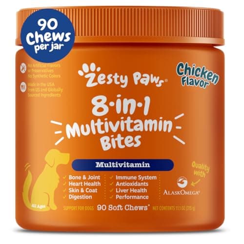 Zesty Paws Dog Multivitamin, Chewable Dog Vitamins and Supplements for Hip & Joints, Skin & Coat, Omega 3 Fish Oil for Dogs- Senior & Puppy Multivitamin- Chicken- 90ct