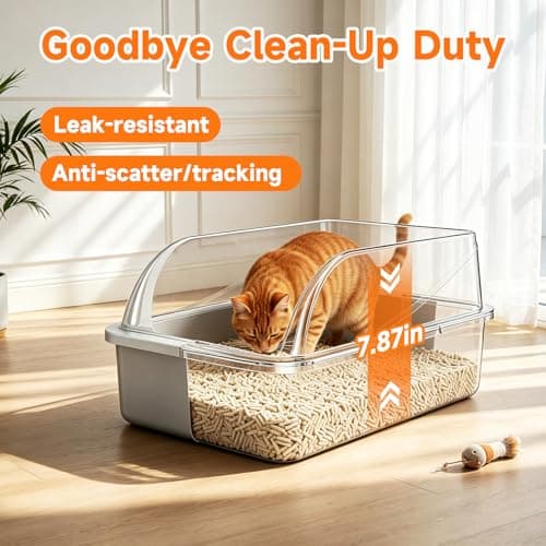 OneBug Stainless Steel High Sides Cat Litter Box with Scoop, Open Top Litter Pan for Indoor Cats, Easy to Clean, Reduced Litter Scatter, Medium Size