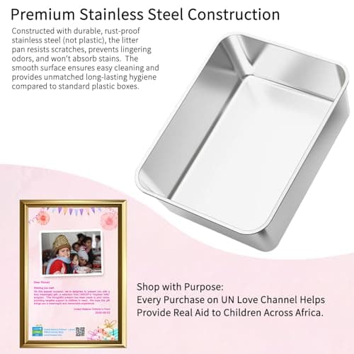 RIZZARI Cat Litter Box: Pink Stainless Steel Odor Control Pan - Easy Clean Non-Porous - 11.6" High Sides Anti-Scatter - Open Top for Fast Scooping - with Scoop - Apartment Bathroom/Laundry Room