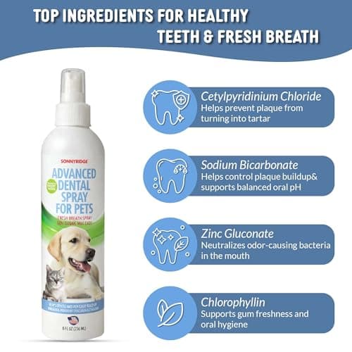 Sonnyridge Dog Dental Spray Removes Tartar, Plaque and Freshens Breath Instantly. The Most Advanced Dental Spray for Healthy Teeth, Gums and Oral Health Care for Your Dog, Cat or Pet - 1-8 oz. Bottle