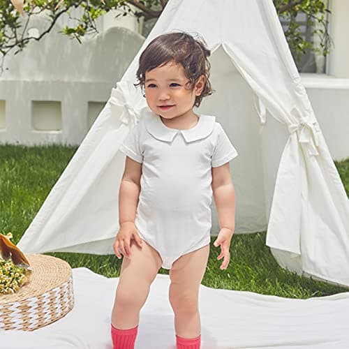 pureborn Baby Boys Girls Bodysuits Unisex Short Sleeve Peter Pan Collar Summer Cotton Romper White 12-18 Months